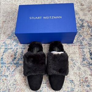 👡 Stuart Whitman black faux fur/suede mules. Size 8B. NWT.